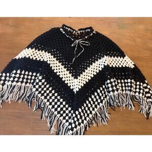 Handmade Crochet Poncho Black Cream Fringe Boho Western Festival One Size